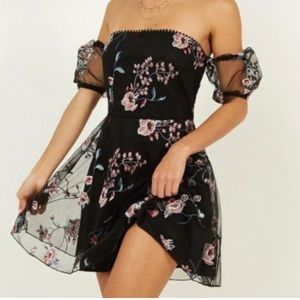 Floral embroidered black strapless dress
